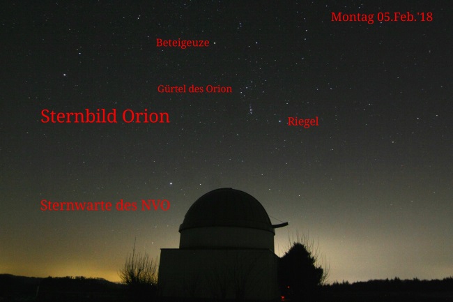 Orion und Sternwarte, Aufnahme Martin Steinbeißer Febr 2018